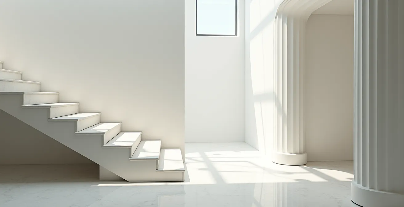 Escalier vide dans un intérieur lumineux, composition minimaliste évoquant l'espace inutilisé