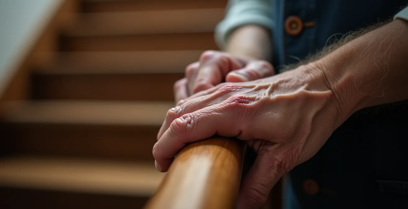 Gros plan sur des mains âgées serrant fermement une rampe d'escalier, montrant la concentration nécessaire