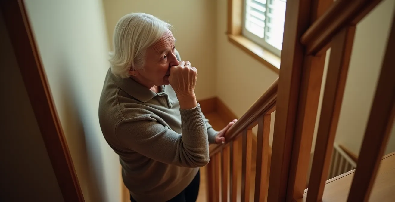 Personne âgée réfléchissant au pied d'un escalier éclairé naturellement, symbolisant la prise de décision pour l'autonomie