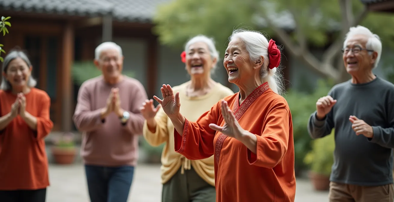 Groupe de seniors participant à une animation traditionnelle basque dans le jardin d'une résidence