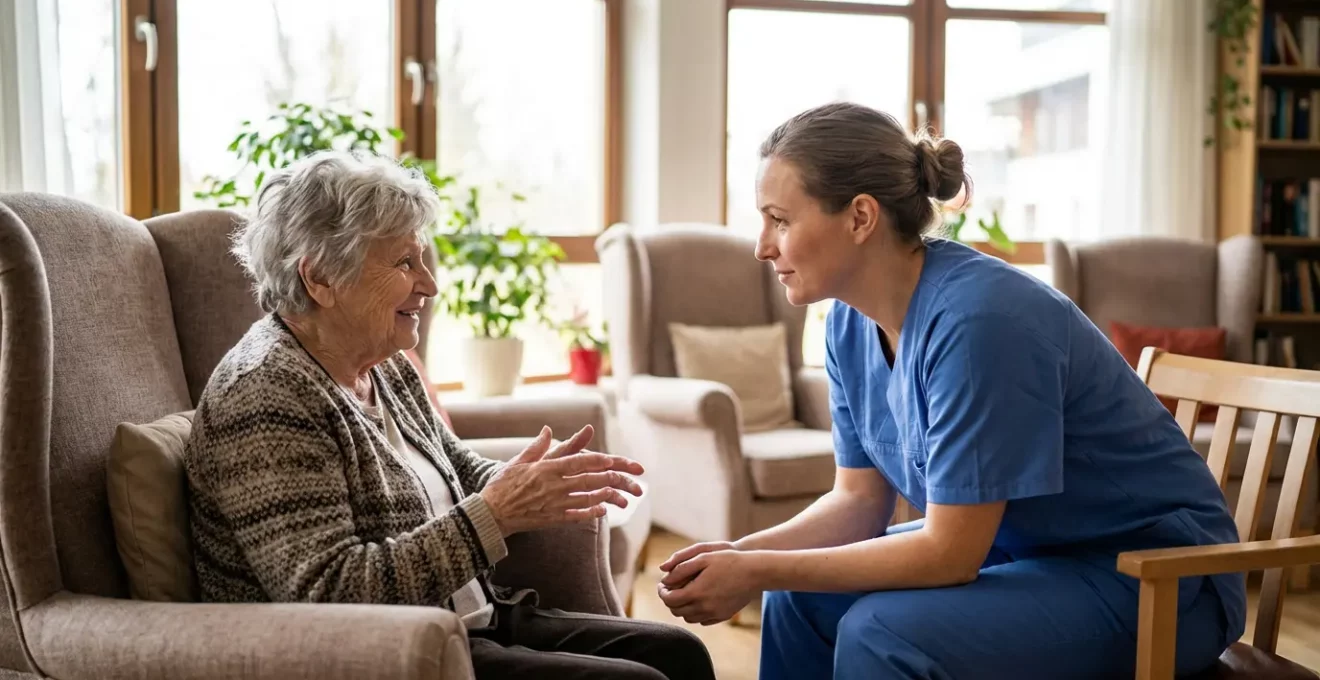 Échange chaleureux entre une aide-soignante et une résidente en EHPAD