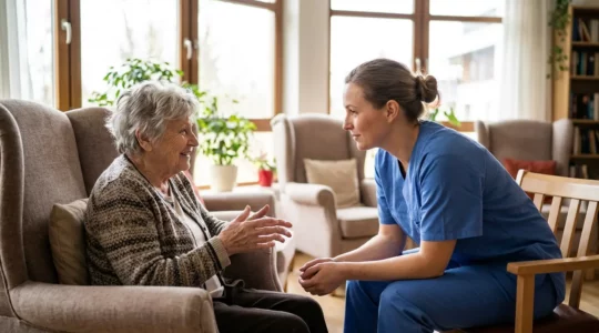 Échange chaleureux entre une aide-soignante et une résidente en EHPAD