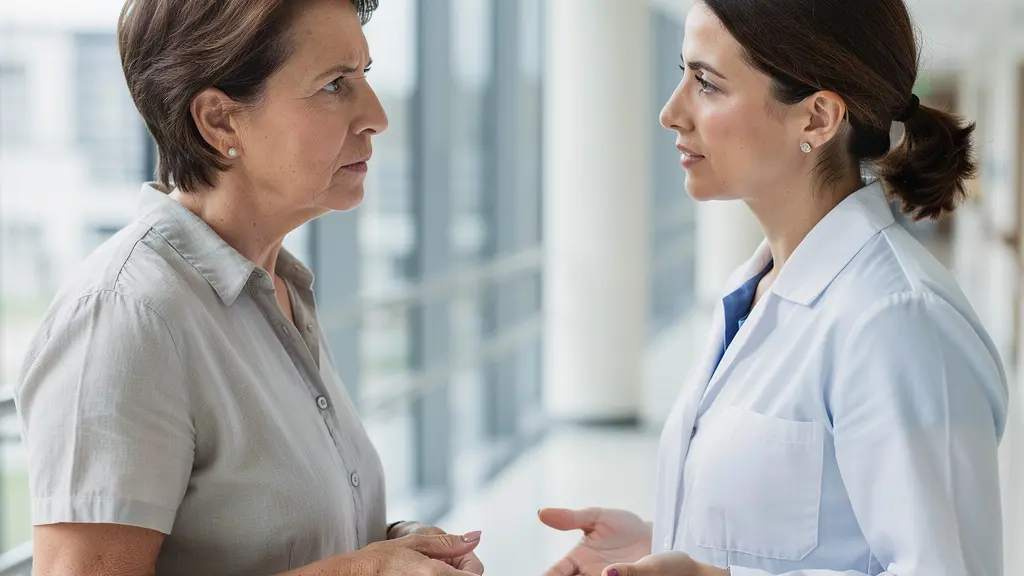 Famille en discussion avec personnel soignant dans couloir d'hôpital lumineux à Marseille
