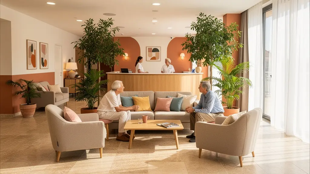 Hall d'accueil lumineux et chaleureux d'un EHPAD moderne à Marseille