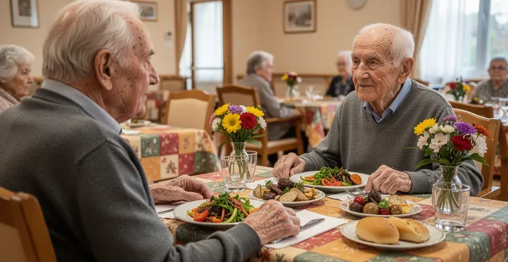 Moment de repas convivial entre résidents en EHPAD