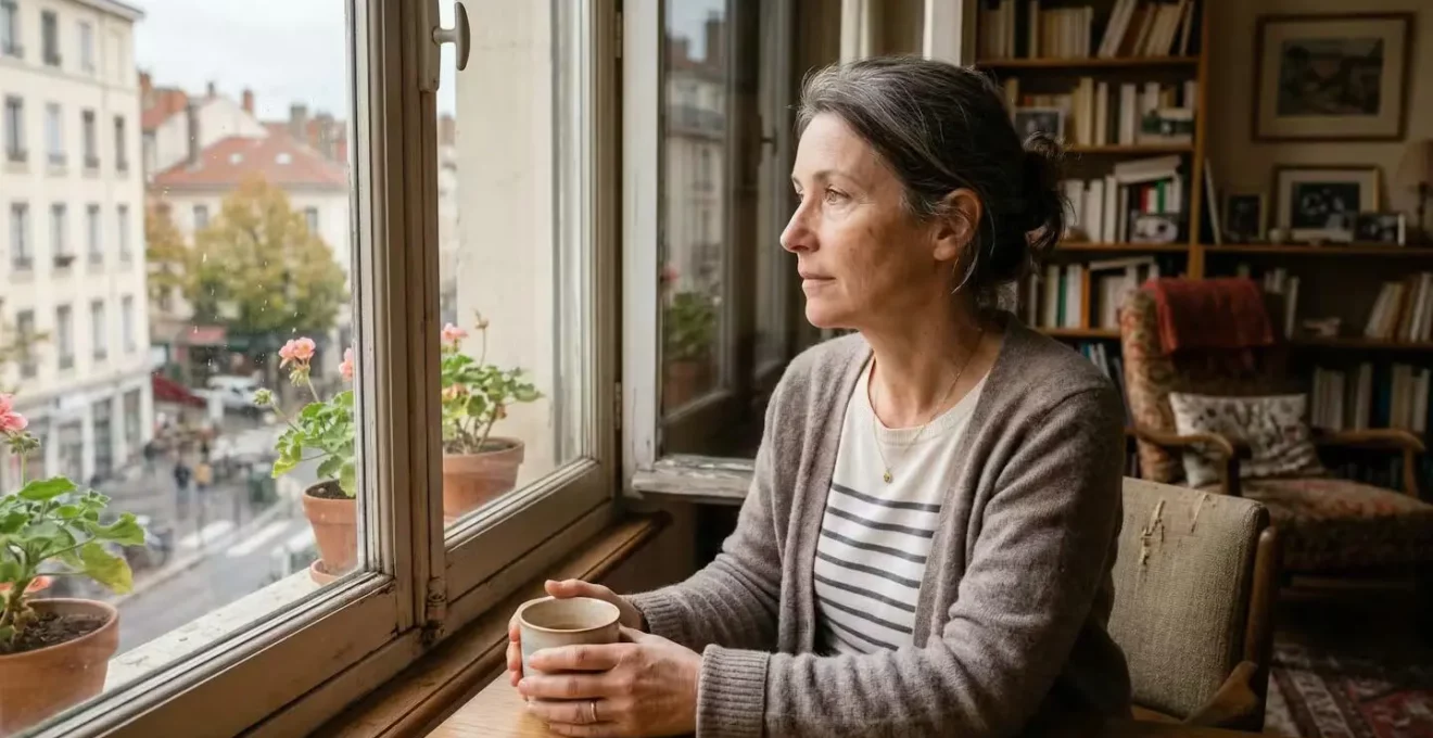 Femme quinquagénaire pensive regardant par la fenêtre dans son salon