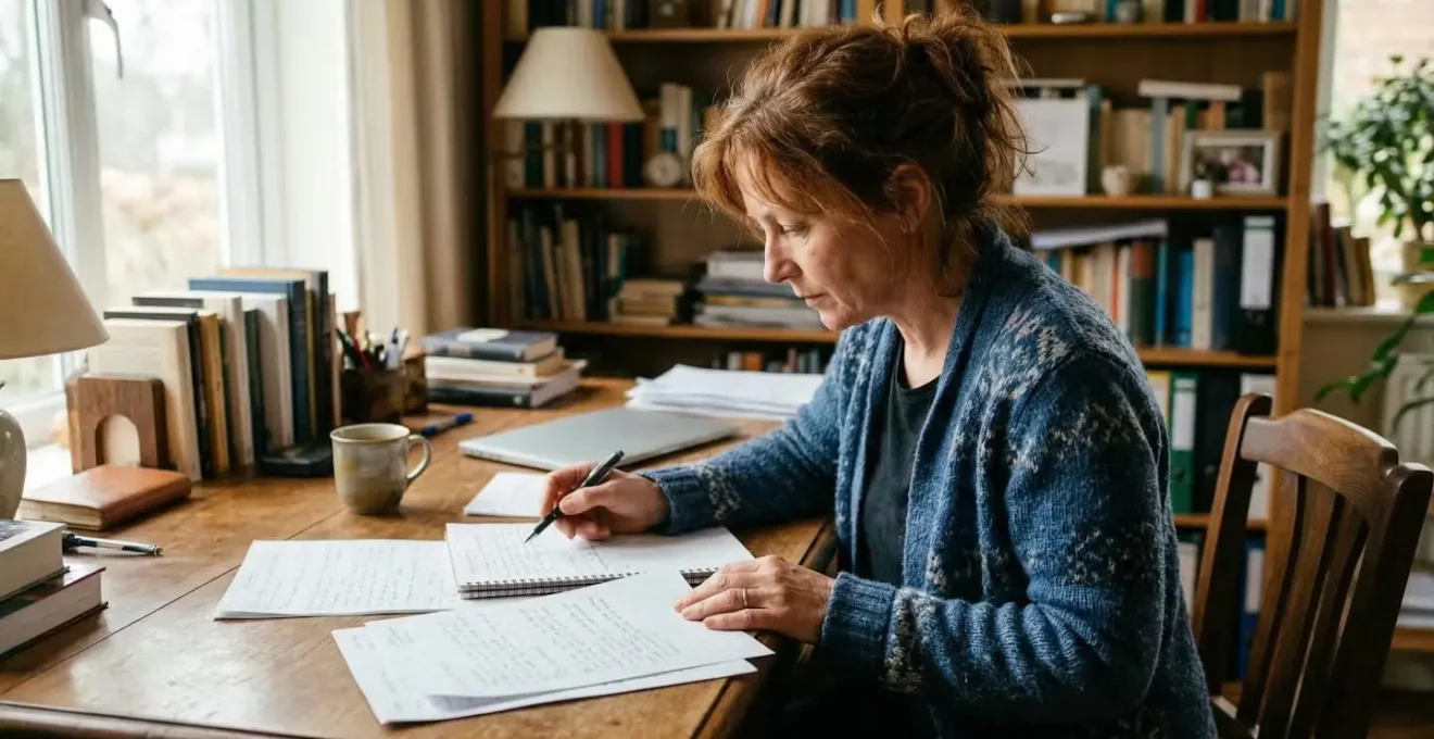 Adulte consultant des documents dans un bureau à domicile chaleureux