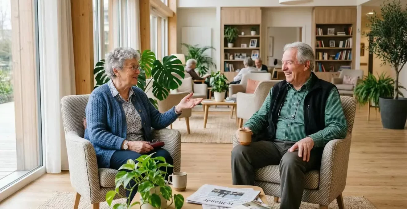 Deux seniors discutant dans un salon lumineux de résidence services