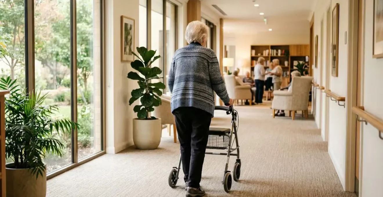 Personne âgée avec déambulateur avançant dans un couloir lumineux de résidence seniors