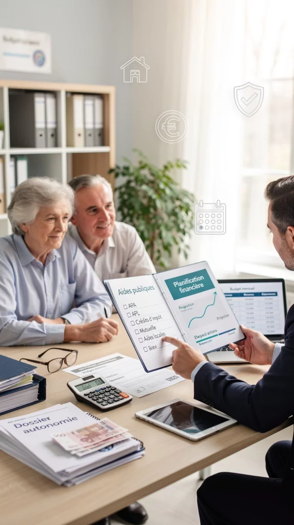 un homme discute avec un couple âgé des différentes aides financières