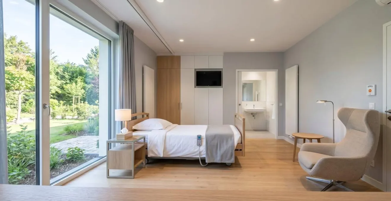 Chambre individuelle EHPAD contemporaine vide et lumineuse avec lit médicalisé discret, fauteuil confortable et grande fenêtre laissant entrer la lumière naturelle