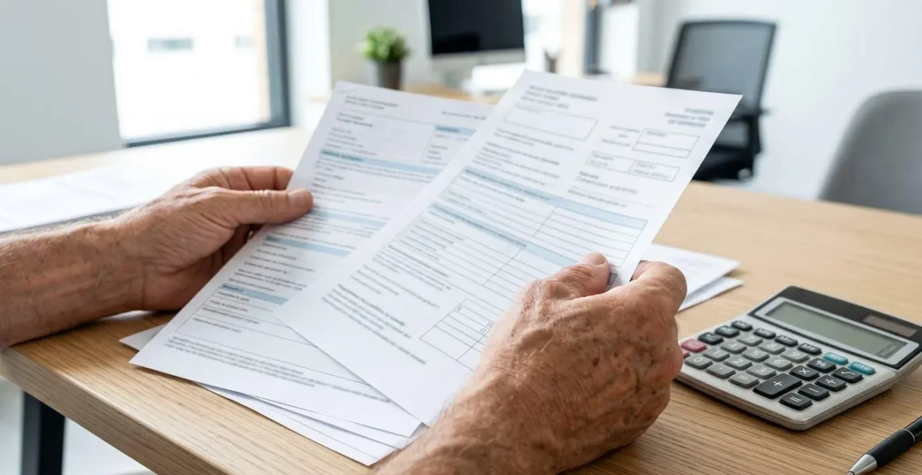 Gros plan sur les mains d'une personne senior tenant des documents administratifs floutés posés sur un bureau moderne, avec une calculatrice visible à proximité