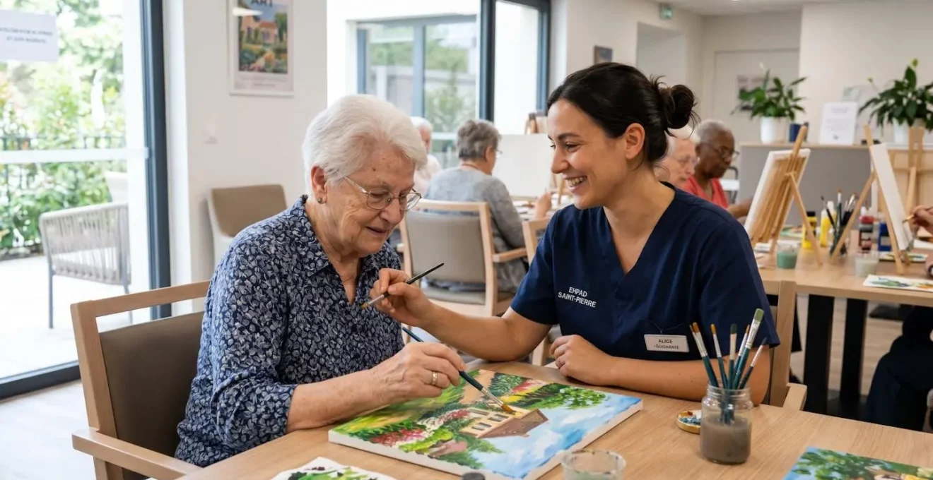Une aide-soignante assise à côté d'une résidente senior lors d'un atelier de peinture en EHPAD, lumière naturelle douce, ambiance bienveillante