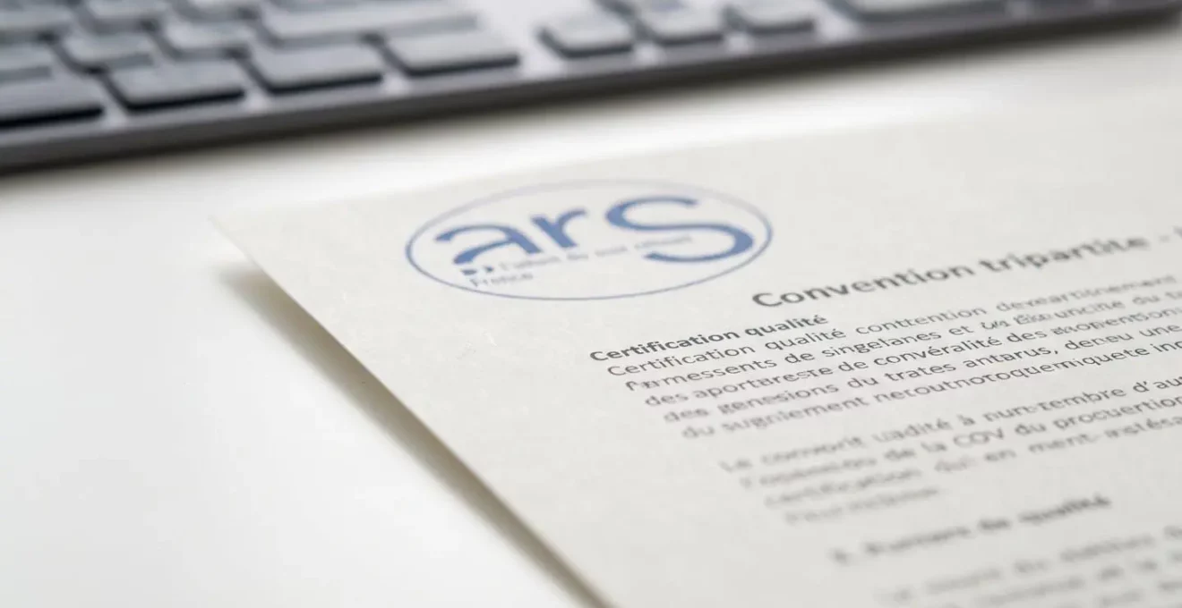 Gros plan sur document administratif officiel de santé français avec en-tête ARS flou et texte convention tripartite visible