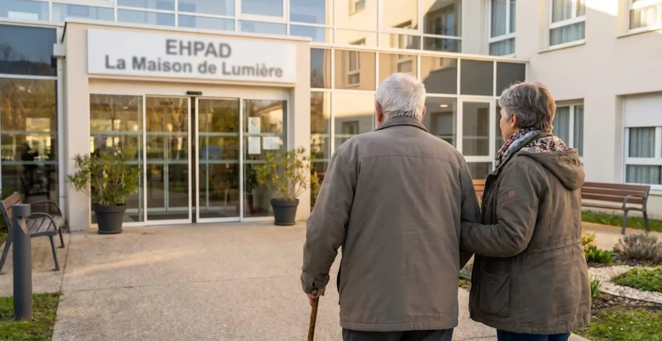 Personne âgée avec canne et adulte de dos devant entrée moderne d'EHPAD avec portes vitrées et espaces verts