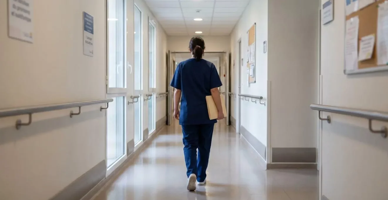 Soignant en tenue médicale bleue de dos dans couloir lumineux d'EHPAD contemporain avec rampes et éclairage doux