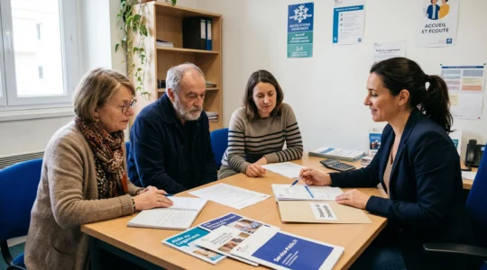 Deux adultes assis à un bureau face à une conseillère sociale dans un CCAS français, examinant ensemble des dossiers administratifs de demande d'aide pour financement EHPAD, lumière naturelle, ambiance rassurante
